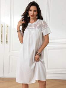 Miaspire Women's Contrast Lace Round Neck Short Sleeve Midi Dress - White - View 6