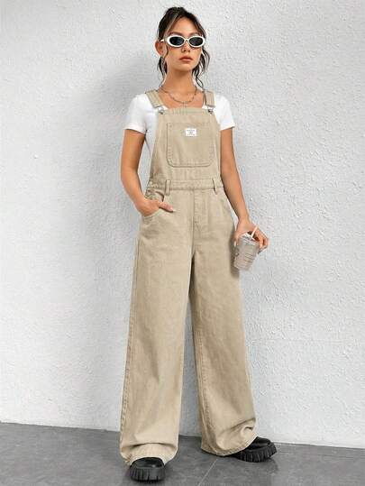 SHEIN EZwear Women's Solid Color Patch Pocket Casual Denim Bib Overall Jumpsuit