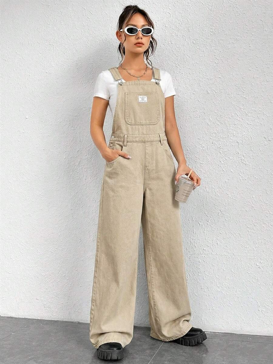 SHEIN EZwear 女士纯色贴袋休闲牛仔背带连体裤 - 卡其色 - 查看 1