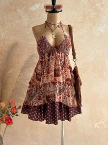 Soleia 春夏新款休闲度假西部海滩婚礼宾客着装毕业早午餐圣帕特里克节春假复活节音乐节优雅波西米亚热带露背撞色印花吊带迷你连衣裙 - 彩色 - 查看 1