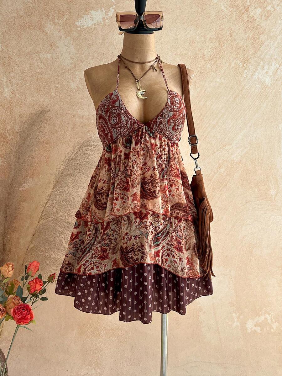 Soleia 春夏新款休闲度假西部海滩婚礼宾客着装毕业早午餐圣帕特里克节春假复活节音乐节优雅波西米亚热带露背撞色印花吊带迷你连衣裙 - 彩色 - 查看 1