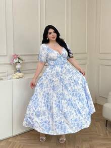 Vibekara Women's Plus Size White Summer Boho Ditsy Floral V-Neck Puff Sleeve Maxi Dress, Milkmaid Wedding Guest Bachelorette Party Tea Party Holiday - Blue - View 9