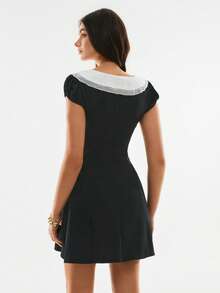Poéselle Vestido de moda con cuello Peter Pan y mangas cortas de color contrastante para mujer, vestido negro, atuendos de trabajo para mujer, vestidos de vacaciones, vestidos elegantes para mujer, vestidos casuales para mujer, atuendos de vacaciones para mujer, estilo campestre para mujer, perfecto para vacaciones, viajes, fines de semana y uso en el té, vestido de primavera/verano con estilo preppy para mujer, vestido con cuello Peter Pan, vestido de estilo francés, vestido de marinero para mujer - Blanco - Ver 8