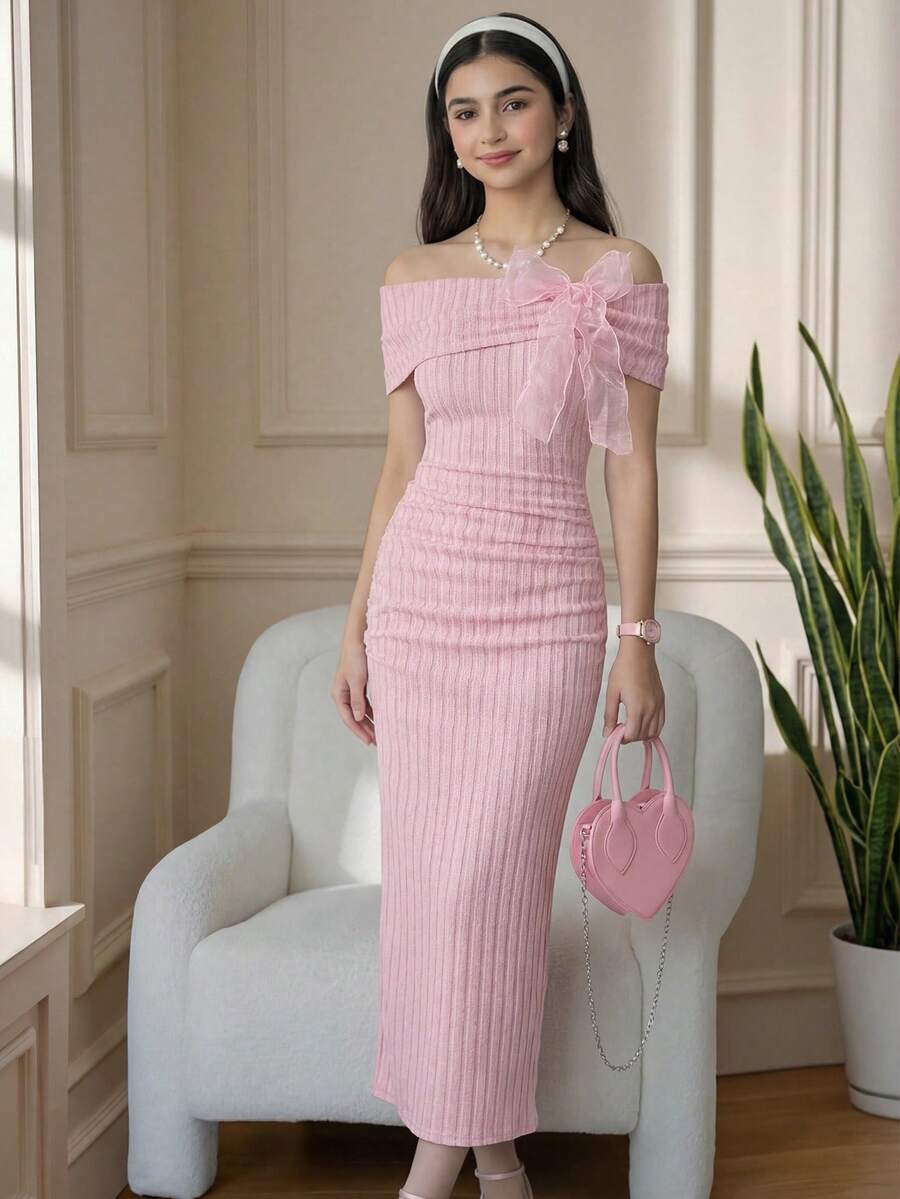 SHEIN Teen Girls Off Shoulder Ruched Bow Dress - Pink - View 1