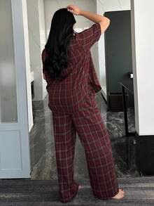 Dazy Plus 2pcs Casual Plaid Pajama Set, Loose Fit Short Sleeve Top And Straight Leg Pants, Spring/Summer Sleepwear - Red - View 6