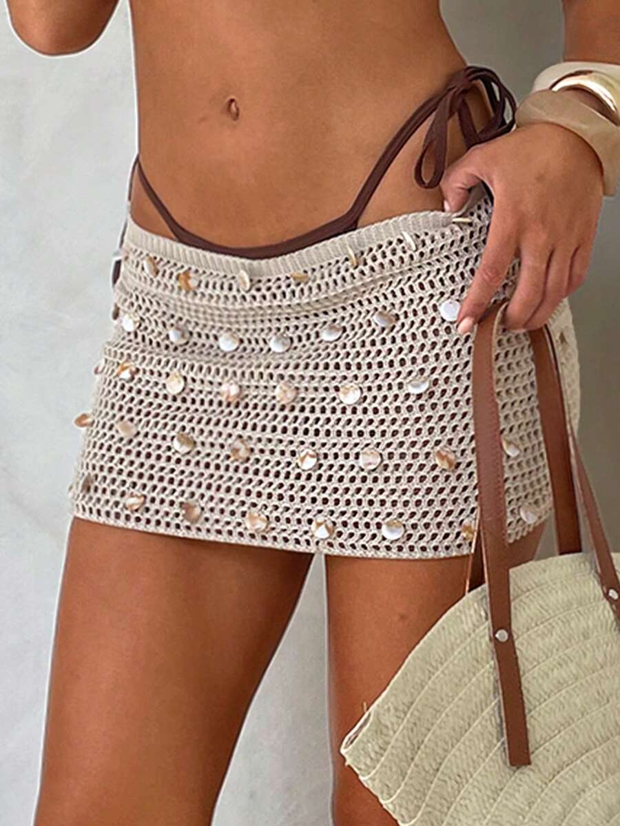 Aloruh 女士米色针织半身裙，春夏新款海滩度假装 - 卡其色 - 查看 1