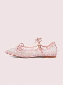 CUCCOO DOLLMOD 女士浅粉色网纱花朵刺绣时尚双蝴蝶结可爱优雅玛丽珍平底鞋 - 淺粉色 - 查看 7