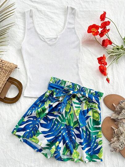 Soleia Women's Printed Vest And Shorts 2 Pieces Set, Summer Vacation