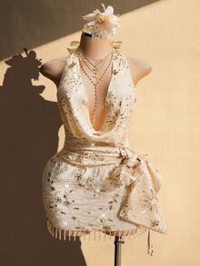 SHEIN ICON 大码女装春夏复古性感优雅派对舞会沙滩度假波西米亚风音乐节亮片刺绣露背金属装饰系带杏色上衣 - 杏色 - 查看 8