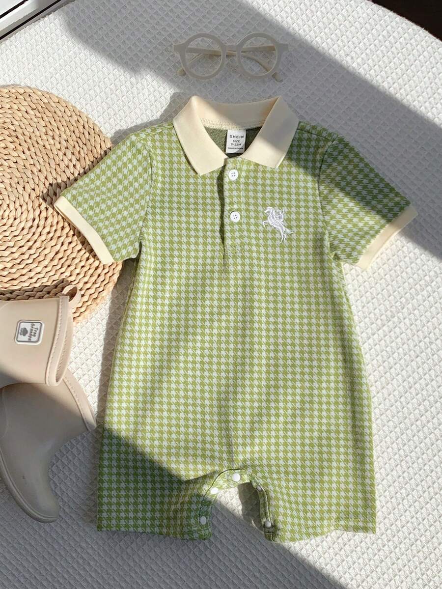 SHEIN رومبير قصيرة الأكمام كاجوال جميلة للأطفال حديثي الولادة الجنسين، بنقشة هندسية خضراء، مناسبة للربيع والصيف - أخضر - مشاهدة 1