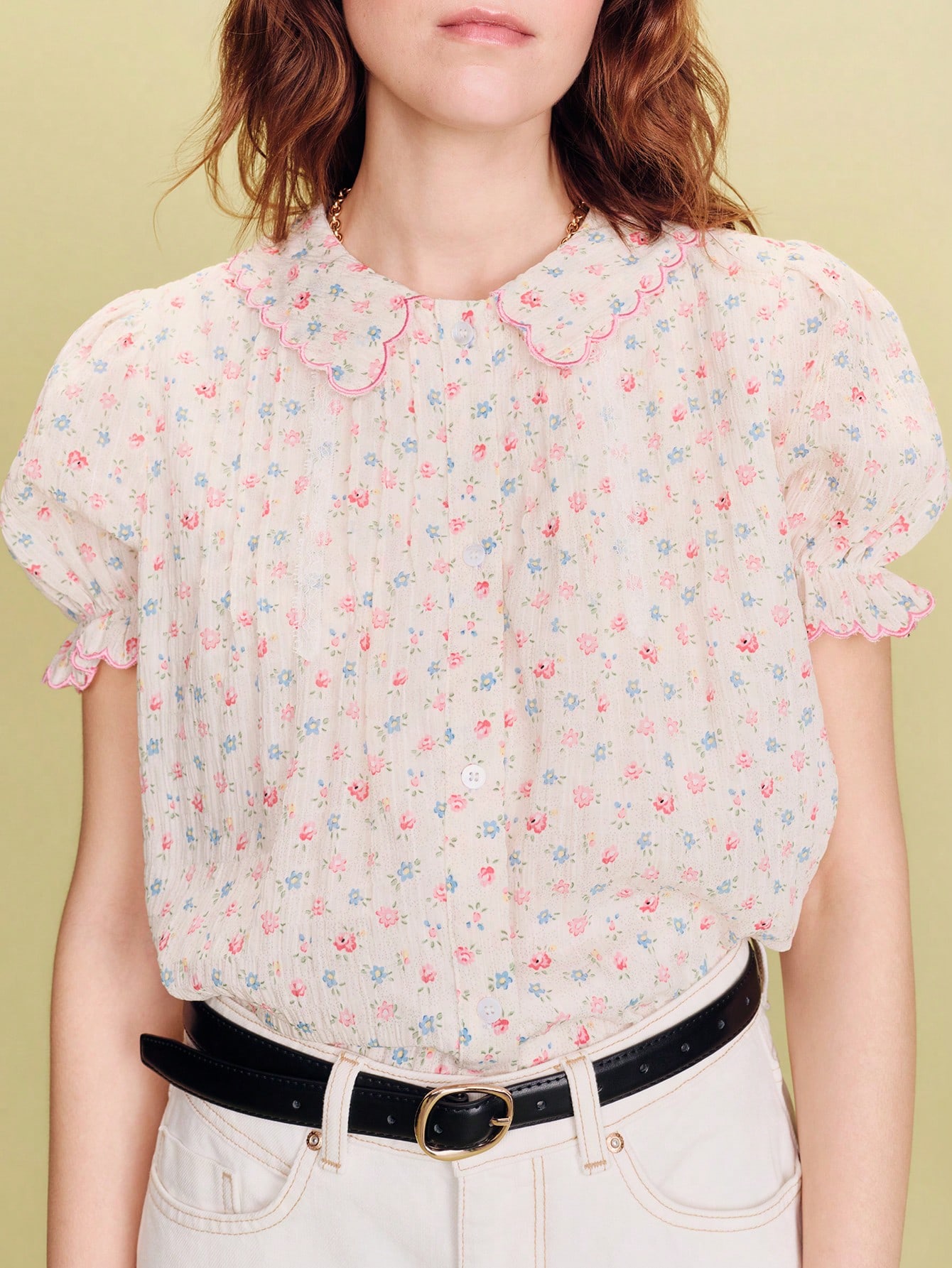 White Shirt With Multicolored Floral Print, Scalloped Details, Pleats, And Lace Cute Pink Flower Top Office Top Going Out Top Spring Summer French Style Parisian Style Womens Tops And Blouses Floral Print Blouse Ladies Clothes Puff Sleeve Blouse Scalloped Collar Top