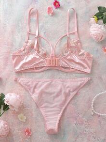 2件套刺绣蝴蝶结丝滑内衣套装，粉色 - 粉色 - 查看 2