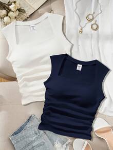 SHEIN Girlism 儿童青少年女孩夏季柔软舒适套装 夏季上衣 海军蓝和白色针织褶皱腰部无袖露脐上衣叠穿套装 女童无袖上衣套装 青少年女士上衣 女士上衣 无袖上衣 紧身上衣 方领上衣 修身上衣 两件装上衣 夏季柔软舒适上衣 - 藏蓝色 - 查看 4