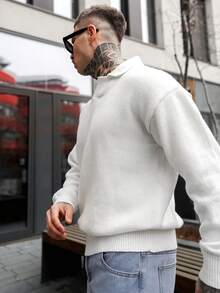 Artur Kramer 男士休闲纯色落肩毛衣，适合秋冬季节穿着，长袖上衣 - 白色 - 查看 4