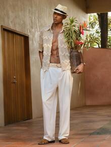 AKNOTIC Business Casual 男士卡其色针织几何条纹流苏宽松落肩休闲短衬衫，适合日常穿着、通勤、夏季、度假、派对、婚礼、情侣装、男友礼物、沙滩装、复古风 - 杏色 - 查看 5