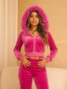 Rayane Ketlyn Y2K Velvet Crop Hoodie And Low-Rise Flare Pants 2pcs Set For Women - Pink - View 1