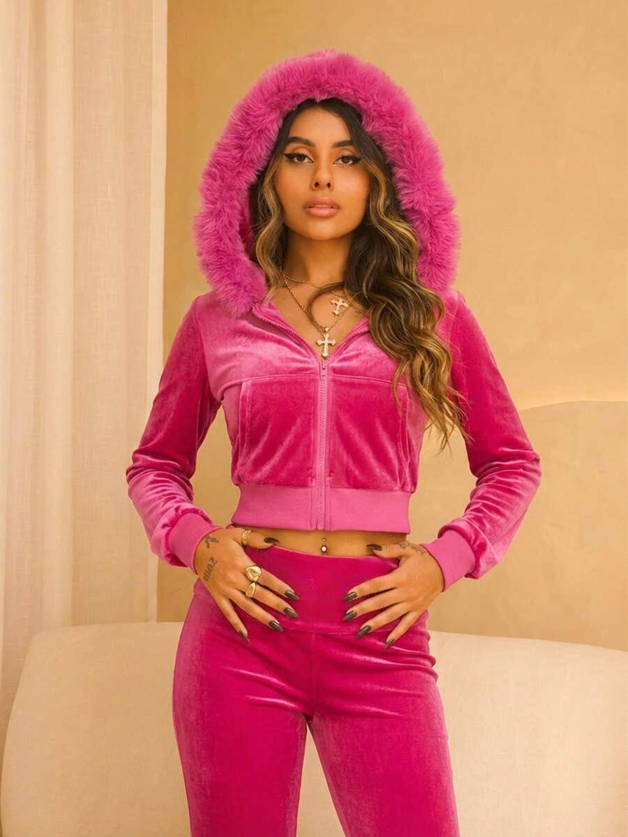 Rayane Ketlyn Y2K Velvet Crop Hoodie And Low-Rise Flare Pants 2pcs Set For Women - Pink - View 1