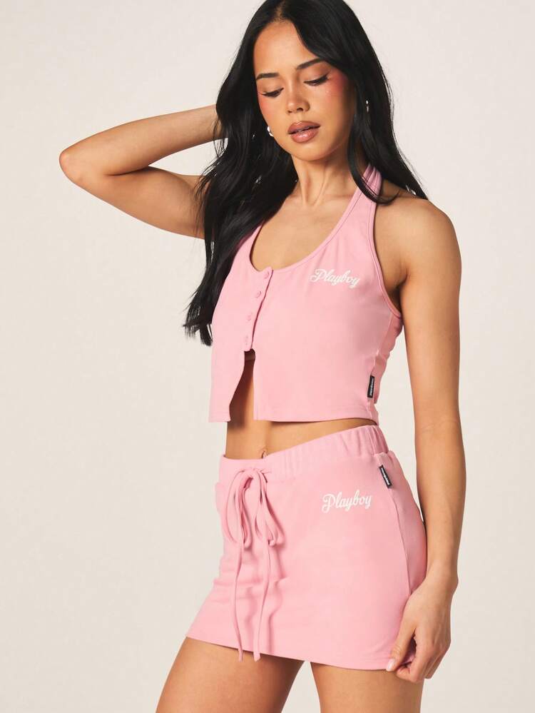 Missguided x Playboy Saia Curta Rosa com Detalhe de Laço com Logo em Estilo Caligráfico, Cintura Alta, Canelada, Casual de Verão