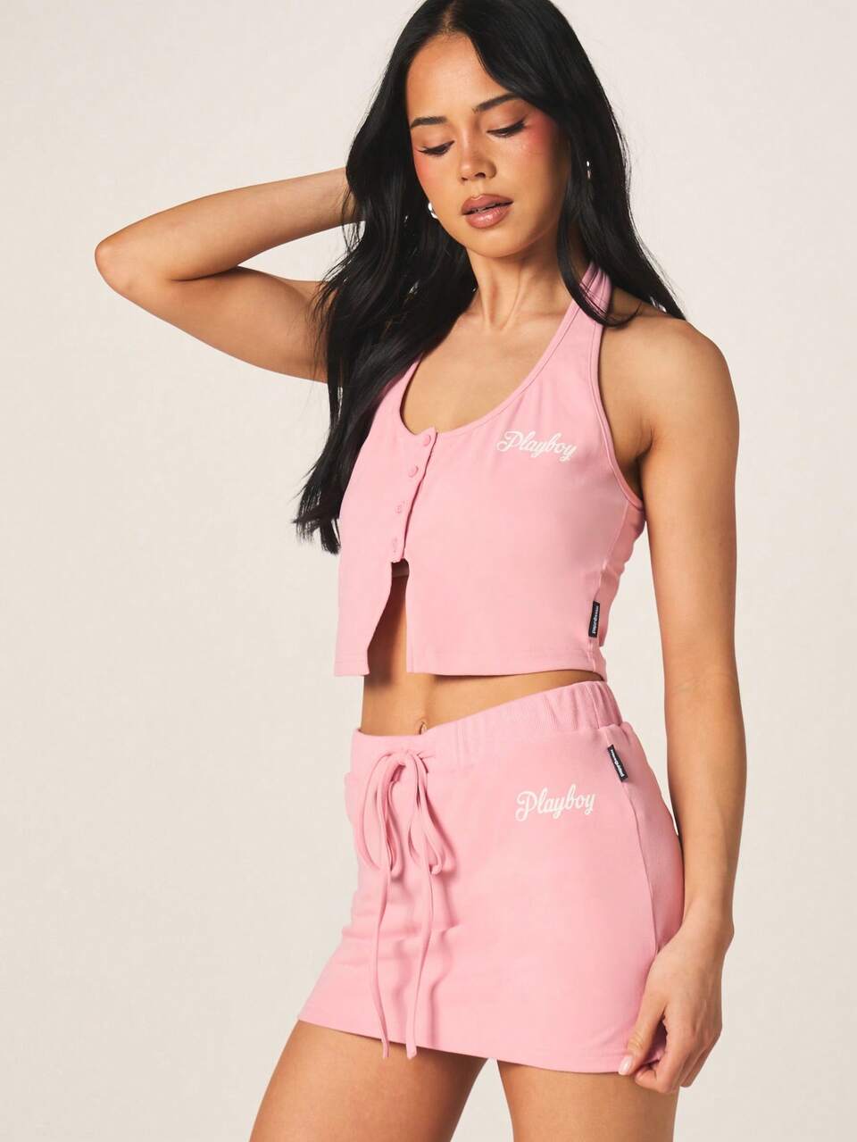 Missguided x Playboy Pink Mini Skirt With Script Logo Tie Detail High Waisted Ribbed Casual Summer Skirt