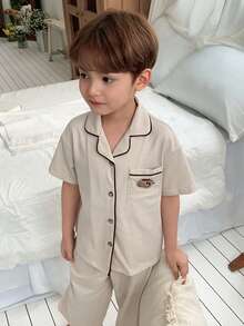 DAZY Young Boy Single-Breasted Patch Short Sleeve Top And Pants Casual Loungewear Pajama Set - Apricot - View 3