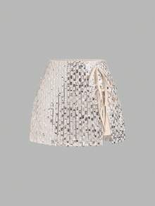 Sweetra Fashionable Sequin Embroidered Tie-Up Slimming Skirt, Chic Party Attention-Grabbing Design, Versatile Summer New Arrival - Silver - View 3