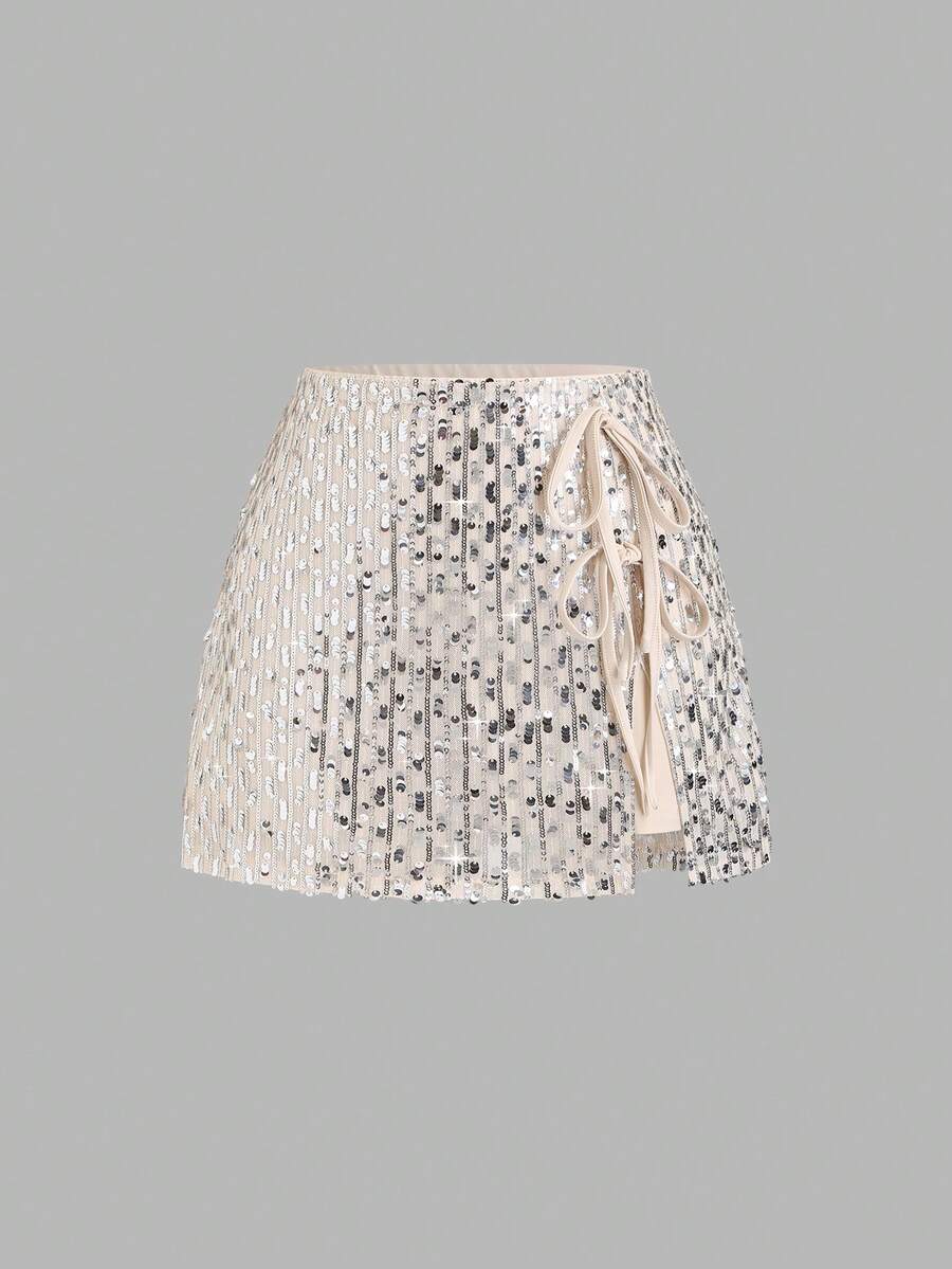 Sweetra 时尚亮片刺绣系带修身半身裙，别致派对吸睛设计，百搭夏季新品 - 銀色 - 查看 1