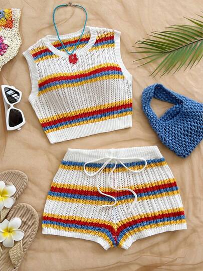 Soleia Conjunto de 2 piezas de top corto de punto con bloqueo de color y patrón de rayas, y shorts con cordón en la cintura para mujer, ideal para vacaciones de verano en la playa