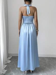 Elenzga Generic Women's Light Blue Satin Halter Maxi Dress, Elegant Deep V Neck Sleeveless A-Line Flowy Formal Dress For Cocktail Party Wedding Guest Bridesmaid Evening Prom - Blue - View 2