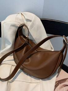 Arave Versatile Fashion Casual Distinctive Design Minimalist Solid Color Zipper Shoulder Saddle Bag, Large Capacity For Commuting - Brown - View 3