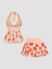 Sweetra Set casual da 2 pezzi in stile vacanza francese da donna, composto da top senza maniche con collo alla francese e stampa, e gonna corta con vita plissettata e balza, adatto per primavera/estate - Multicolore - Visualizzare 2