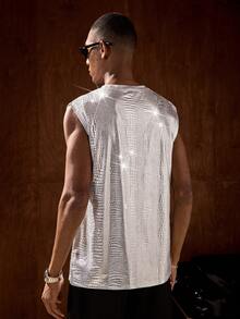 AKNOTIC 男款節日編織蛇紋PU寬帶黑色背心，適用於休閒穿著和音樂節 - 銀色 - 查看 7