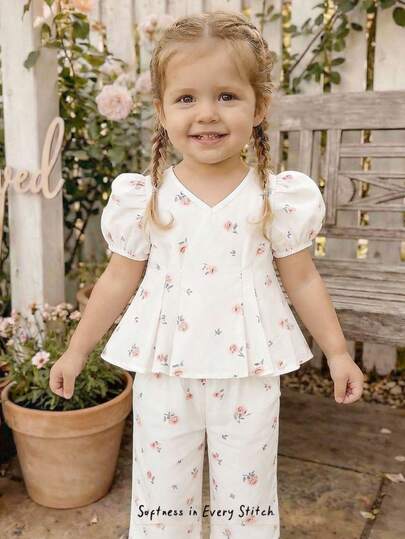 Baby Girl Casual Comfortable V-Neck Puff Sleeve Floral Print Shirt And Pants Set