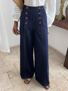 DAZY Women's Solid Color Metal Buckle Decor Casual Jeans - Blue - View 6