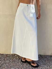 Livesso 女士休闲纯白色口袋牛仔迷你裙，春夏款 - 米色 - 查看 6