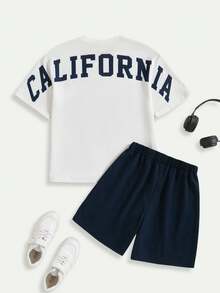 SHEIN Casuvi Kids Boys Everyday White Short Sleeve T-Shirt And Bermuda Shorts Co-Ord Set With California Letter Print And Pockets - White - View 1