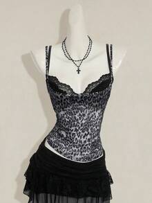 SHEIN ICON Women's Gray Leopard Print Sheer Camisole, Paired With Black Lace Spaghetti Strap 2 In 1 Camisole - Grey - View 3