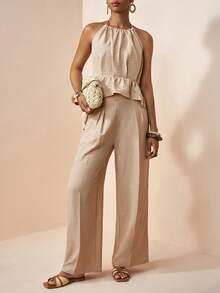 Zivah 2026 Vacation Casual Ruffled Hem Elegant Halter Top And Pants Set - Khaki - View 8