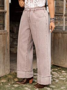 EMERY ROSE Plus Size Solid Color Slant Pocket Casual Versatile Wide Leg Jeans - Maroon - View 5