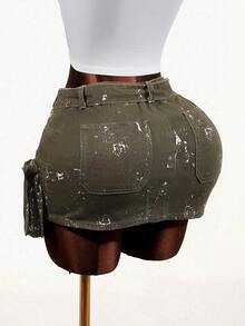 SHEIN Chân váy denim thời trang có túi khóa kéo dành cho nữ - xanh quân đội - Xem 2