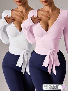 Velisys 2pcs Women's Activewear Crop Top, White & Pink Combo, Fitted Tie-Front Design, Long Sleeve, Versatile For Daily Casual, Running, Yoga, Gym, Tennis, Golf - Multicolor - View 1
