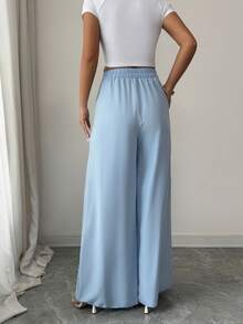 Elenzga Waist Cinched Pleated Wide Leg Pants, Elegant Romantic Minimalist Office Wear Trousers For Women - Baby Blue - View 2