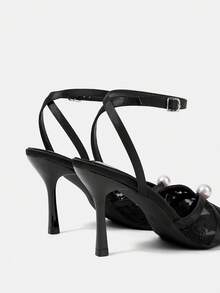 CUCCOO HITCHD Women Shoes Spring And Summer New Beige Lace Faux Pearl Peep Toe Ankle Strap Women's High Heel Sandals Fashion Comfortable Versatile Sexy Party Banquet Wedding Women's Sandals Peep Toe Sandals Wedding Shoes Summer Shoes - Embroidery thread black 1 # - View 9
