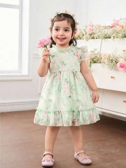 Elladie kids 2-5Y Toddler Girls' Rose Print Sleeveless Ruffled Floral Dress, Zipper Back, Elegant, Versatile, Sweet & Cute Princess Dress For Daily Wear, Spring/Summer Baby Girl Baby Garden Dress New Born Baby Girl Baby Girl Sage Dress Baby Tea Party Dress Fairy Baby Dress Mint Green Dress Toddler Newborn Baby Girl