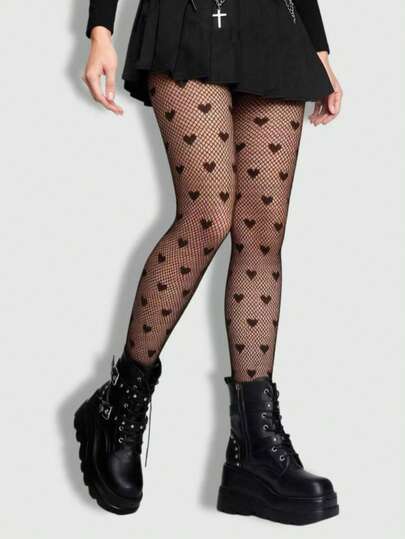 ROMWE Kawaii Heart Shaped High Elasticity Fishnet Pantyhose, Suitable For Pairing With Skirts