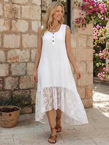 EMERY ROSE Abito midi senza maniche con minimalista in tinta unita e inserti in pizzo - Bianco - Visualizzare 3
