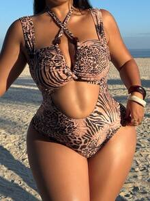 Swim SXY Plus Size Women's Leopard & Zebra Print One-Piece Swimsuit With Matching Skirt, Suitable For Beach Vacation, Pool Party, Beach Party - Multicolor - View 5