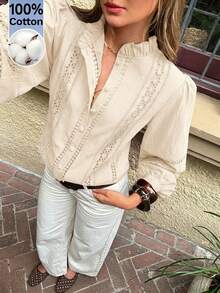 Serisse Women's Vacation Embroidered Hollow Out Single-Breasted Long Sleeve Casual Shirt - Apricot - View 8