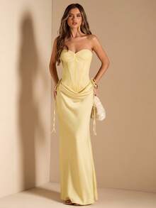 SHEIN BAE 女士黄色蕾丝抹胸上衣搭配缎面鱼尾裙摆连衣裙，黄色连衣裙，婚礼宾客礼服，正式礼服，约会礼服，优雅连衣裙 - 黃色 - 查看 1