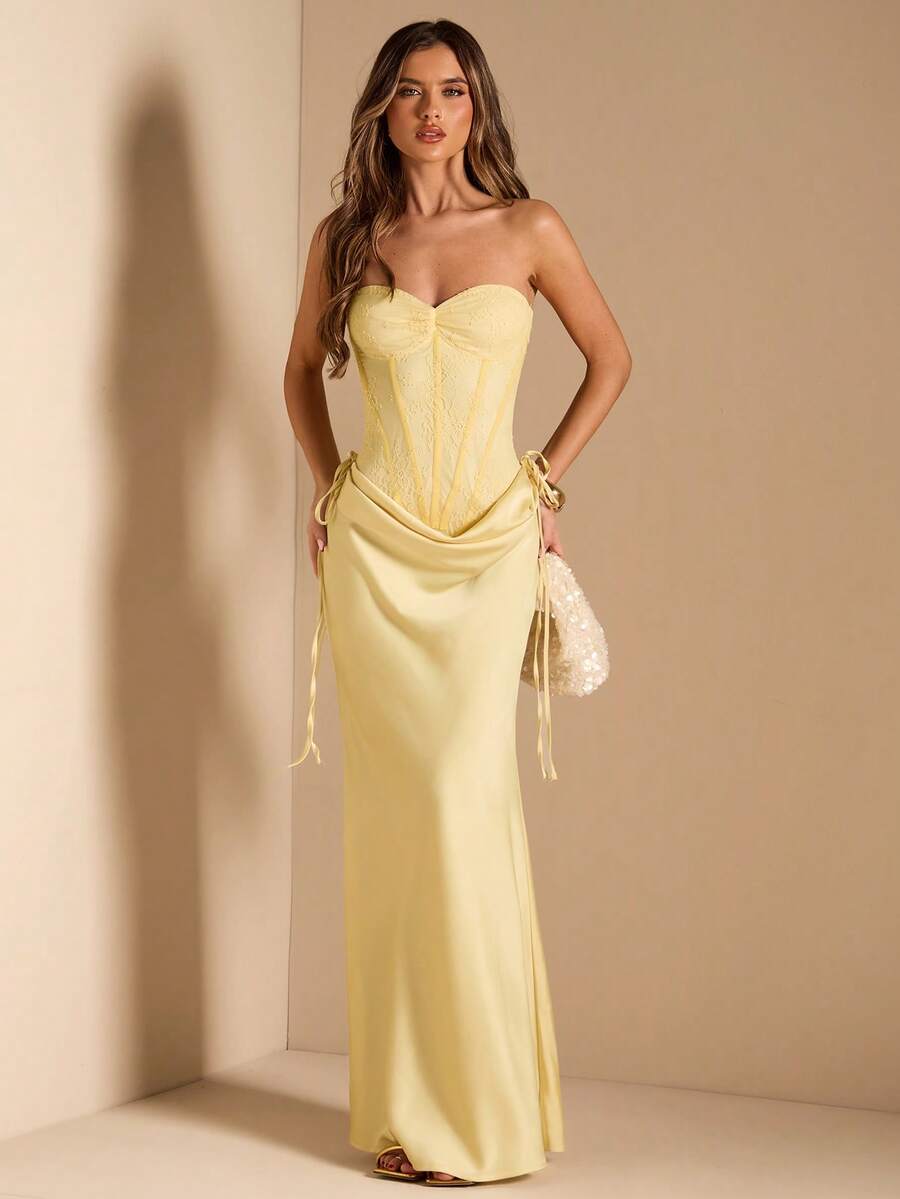 SHEIN BAE 女士黄色蕾丝抹胸上衣搭配缎面鱼尾裙摆连衣裙，黄色连衣裙，婚礼宾客礼服，正式礼服，约会礼服，优雅连衣裙 - 黃色 - 查看 1