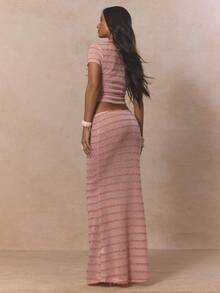 MUSERA 纽扣条纹短袖上衣搭配修身长裙套装，可爱春日假日少女风，Sugar Salt 出品 - 粉色 - 查看 3